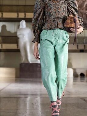 Ulla Johnson Mint Green High-Waist Pleated leather Women's Pants